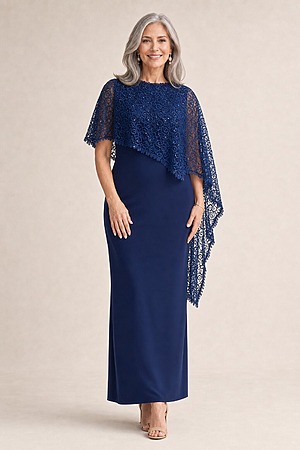 June Navy Dress Soft Sparkle in a Fluid Silhouette by Trellis Lane mother of the bride dress on model
