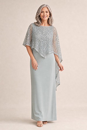 June Sequin Overlay Gown by Trellis Lane in Seamist Green mother of the bride dress on model