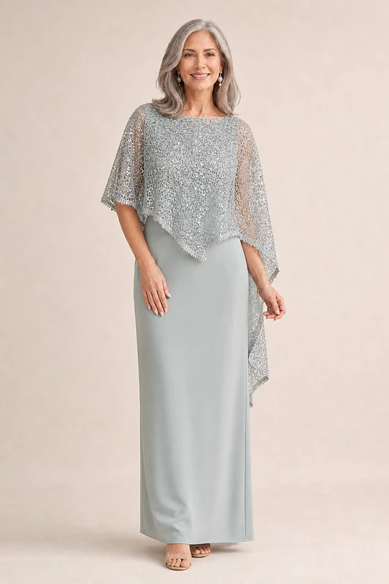 June Sequin Overlay Gown by Trellis Lane in Seamist Green mother of the bride dress on model