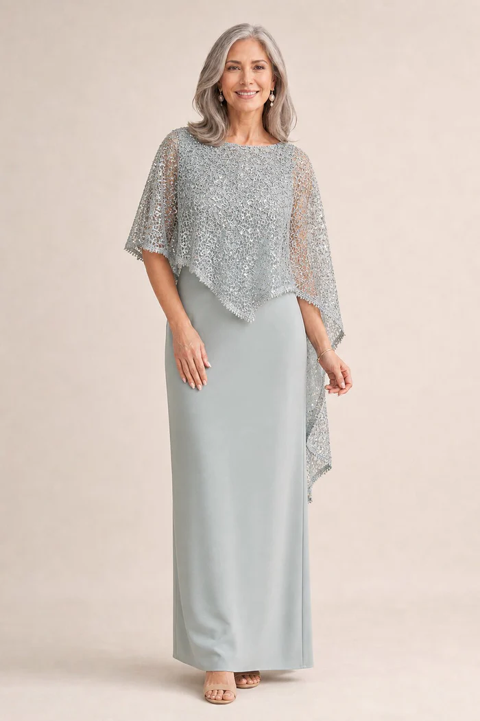June Sequin Overlay Gown by Trellis Lane in Seamist Green mother of the bride dress on model