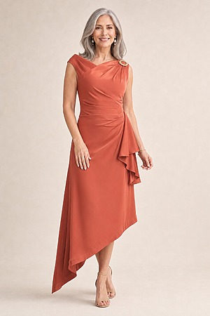 Justina Burnt Orange Dress Refined Drama in a Flowing Silhouette by Trellis Lane mother of the bride dress on model