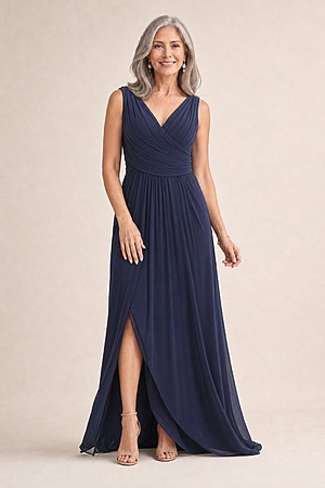 Kalani Draped Jersey Dress by Tania Olsen - Dusty Indigo mother of the bride dress on model
