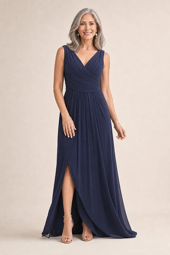 Kalani Draped Jersey Dress by Tania Olsen - Dusty Indigo mother of the bride dress on model