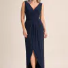 Kalani Draped Jersey Dress by Tania Olsen - Navy Blue mother of the bride dress on model