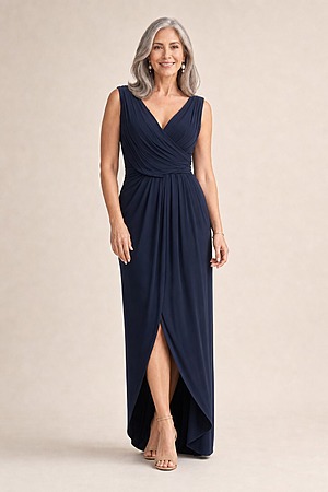 Kalani Draped Jersey Dress by Tania Olsen - Navy Blue mother of the bride dress on model