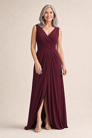 Kalani Draped Jersey Dress by Tania Olsen - Wine mother of the bride dress on model