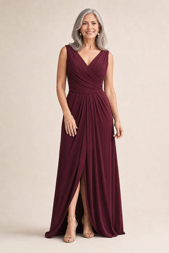 Kalani Draped Jersey Dress by Tania Olsen - Wine mother of the bride dress on model