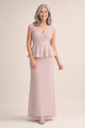 Kikki Beaded Blush Gown Sculpted Elegance with Artful Detail by Trellis Lane mother of the bride dress on model