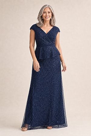 Kikki Beaded Navy Gown Sculpted Elegance with Artful Detail by Trellis Lane mother of the bride dress on model
