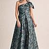 Langham One-Shoulder Bow Mint Multi Maxi in Sculpted Jacquard by Trellis Lane mother of the bride dress on model