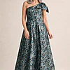 Langham One-Shoulder Bow Mint Multi Maxi in Sculpted Jacquard by Trellis Lane mother of the bride dress on model