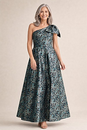 Langham One-Shoulder Bow Mint Multi Maxi in Sculpted Jacquard by Trellis Lane mother of the bride dress on model