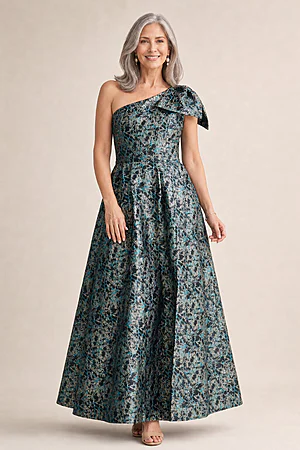 Langham One-Shoulder Bow Mint Multi Maxi in Sculpted Jacquard by Trellis Lane