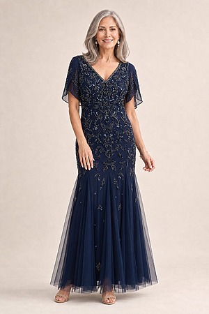 Laurie Mermaid Beaded Navy Mother of the Bride & Groom Dress mother of the bride dress on model