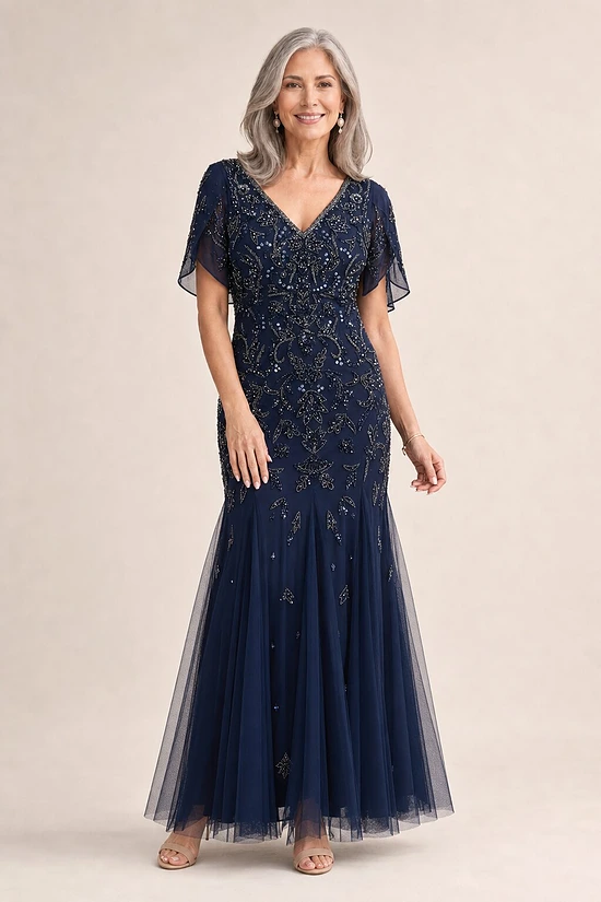 Laurie Mermaid Beaded Navy Mother of the Bride & Groom Dress mother of the bride dress on model