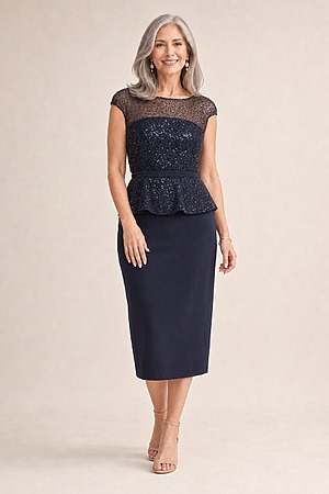 Leia Midi Peplum Gown by Trellis Lane in Navy mother of the bride dress on model