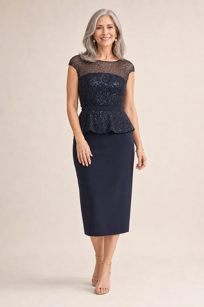 Leia Midi Peplum Gown by Trellis Lane in Navy mother of the bride dress on model