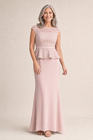 Leia Peplum Blush Gown Graceful Beading with Refined Shape by Trellis Lane mother of the bride dress on model