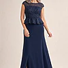 Leia Peplum Navy Gown Graceful Beading with Refined Shape by Trellis Lane mother of the bride dress on model