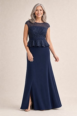 Leia Peplum Navy Gown Graceful Beading with Refined Shape by Trellis Lane mother of the bride dress on model