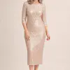 Lidia Sequin Cocktail Midi Gown by Trellis Lane in Champagne mother of the bride dress on model