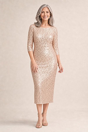 Lidia Sequin Cocktail Midi Gown by Trellis Lane in Champagne mother of the bride dress on model