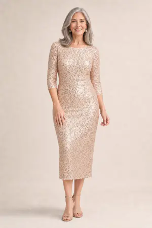 Lidia Sequin Cocktail Midi Gown by Trellis Lane in Champagne