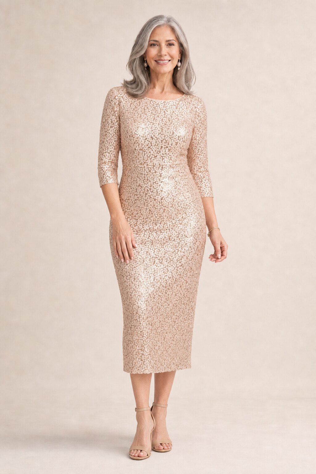Lidia Sequin Cocktail Midi Gown by Trellis Lane in Champagne