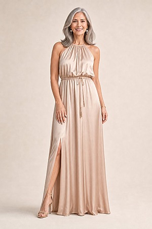 Linden Satin Gown by Tania Olsen - Champagne mother of the bride dress on model