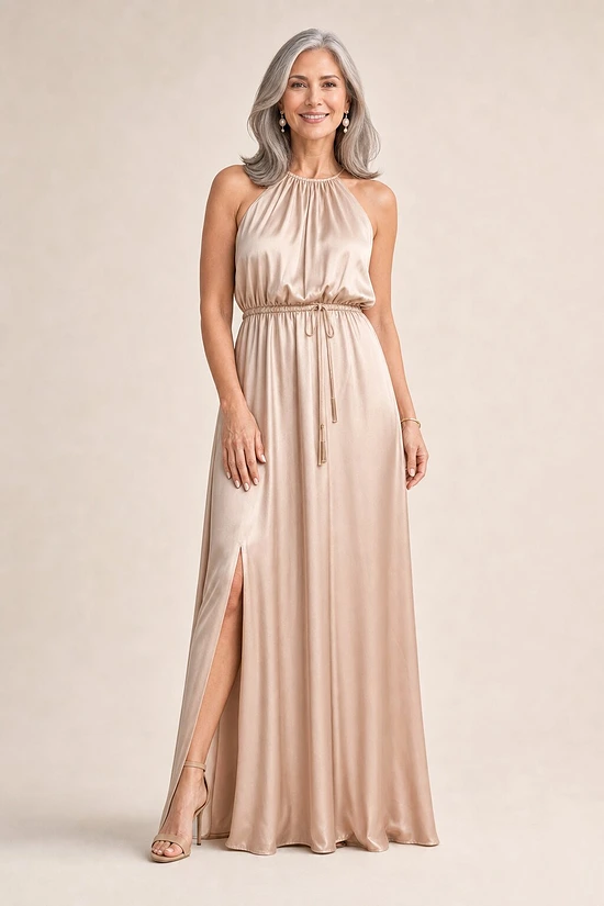 Linden Satin Gown by Tania Olsen - Champagne mother of the bride dress on model