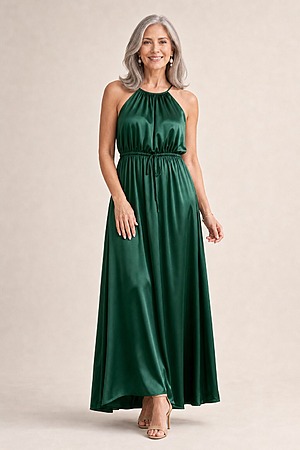 Linden Satin Gown by Tania Olsen - Emerald Green mother of the bride dress on model