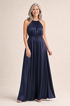 Linden Satin Gown by Tania Olsen - Midnight Blue mother of the bride dress on model