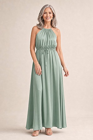 Linden Satin Gown by Tania Olsen - Sage Green mother of the bride dress on model