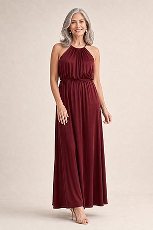 Linden Satin Gown by Tania Olsen - Wine Red mother of the bride dress on model