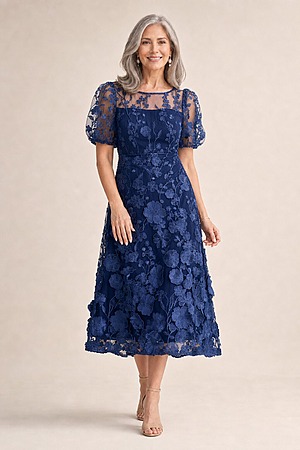 Lizzie Navy Puff Sleeve Midi Florals with Modern Volume by Trellis Lane mother of the bride dress on model
