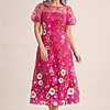 Lizzie Pink Puff Sleeve Midi Florals with Modern Volume by Trellis Lane mother of the bride dress on model