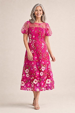 Lizzie Pink Puff Sleeve Midi Florals with Modern Volume by Trellis Lane mother of the bride dress on model