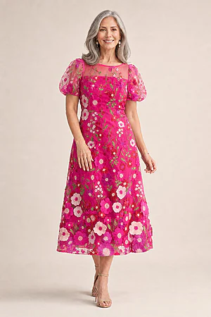 Lizzie Pink Puff Sleeve Midi Florals with Modern Volume by Trellis Lane