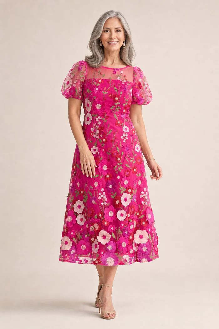 Lizzie Pink Puff Sleeve Midi Florals with Modern Volume by Trellis Lane mother of the bride dress on model