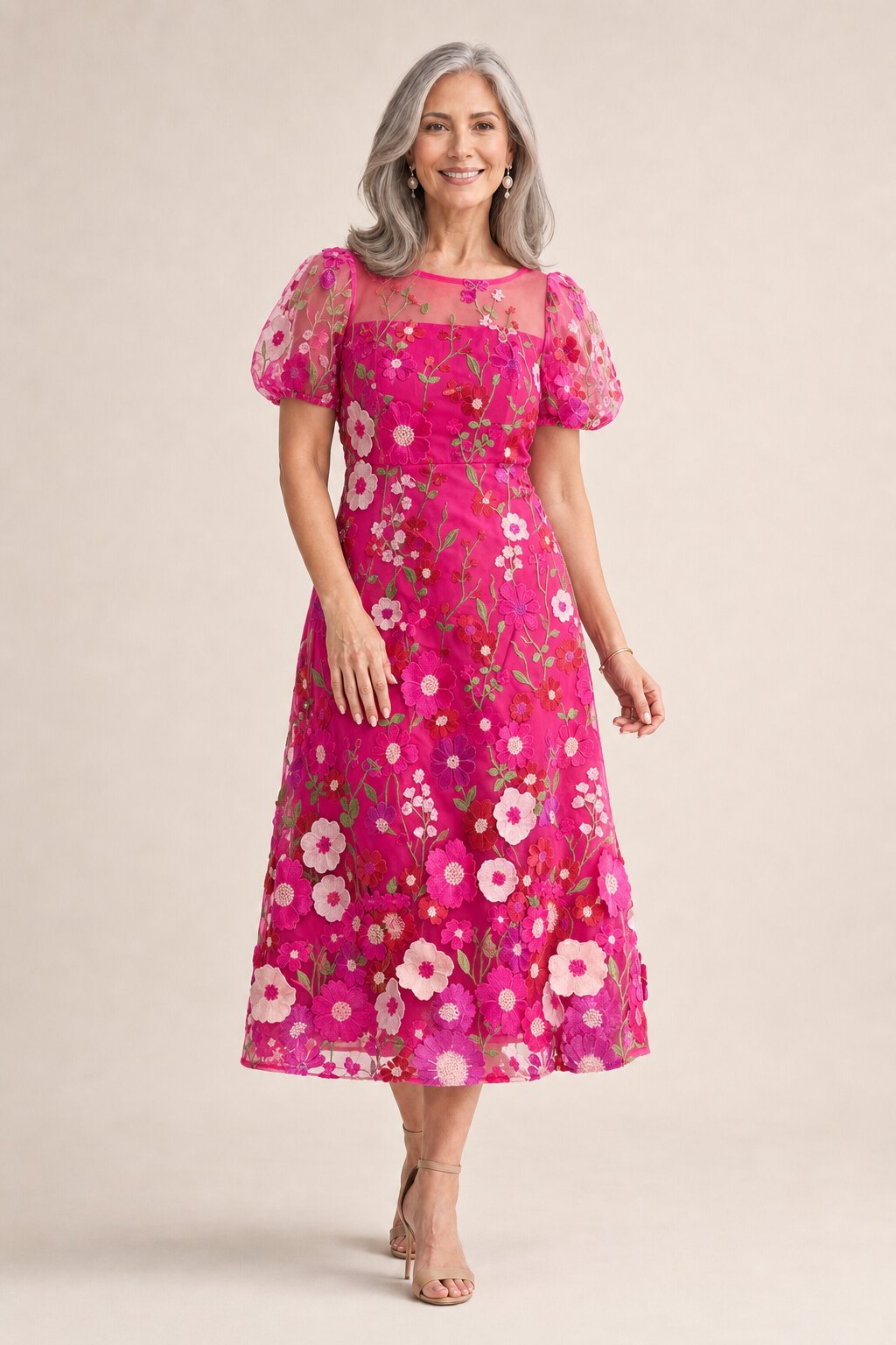 Lizzie Pink Puff Sleeve Midi Florals with Modern Volume by Trellis Lane