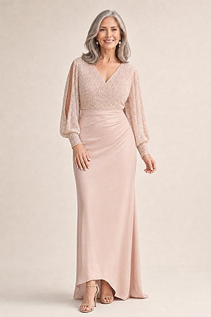 Lois Long Sleeve Beaded Gown by Trellis Lane in Blush mother of the bride dress on model