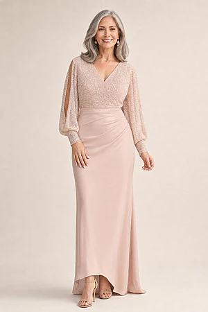 Lois Long Sleeve Beaded Gown by Trellis Lane in Blush