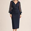 Lois Long Sleeve Beaded Mid Length Gown by Trellis Lane in Navy mother of the bride dress on model