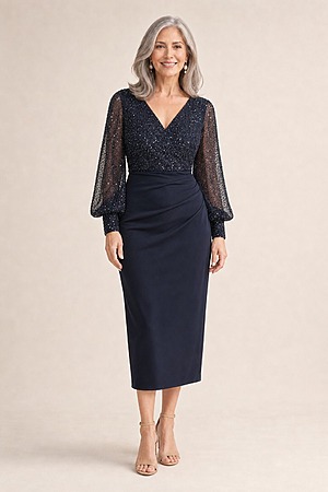 Lois Long Sleeve Beaded Mid Length Gown by Trellis Lane in Navy mother of the bride dress on model