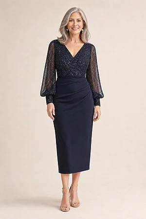 Lois Long Sleeve Beaded Mid Length Gown by Trellis Lane in Navy