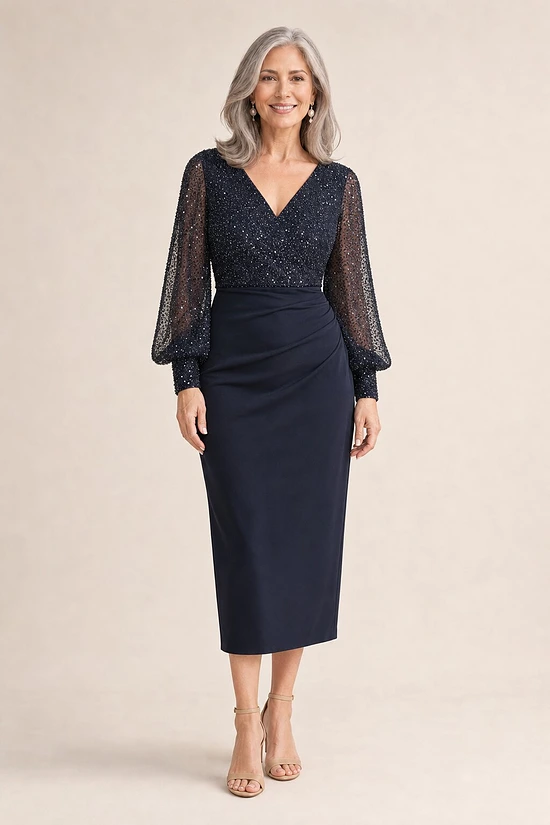 Lois Long Sleeve Beaded Mid Length Gown by Trellis Lane in Navy mother of the bride dress on model