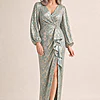Long Sleeve Metallic Crinkle Drape Mint Gold Gown by Adrianna Papell mother of the bride dress on model