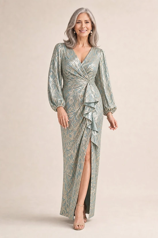 Long Sleeve Metallic Crinkle Drape Mint Gold Gown by Adrianna Papell mother of the bride dress on model