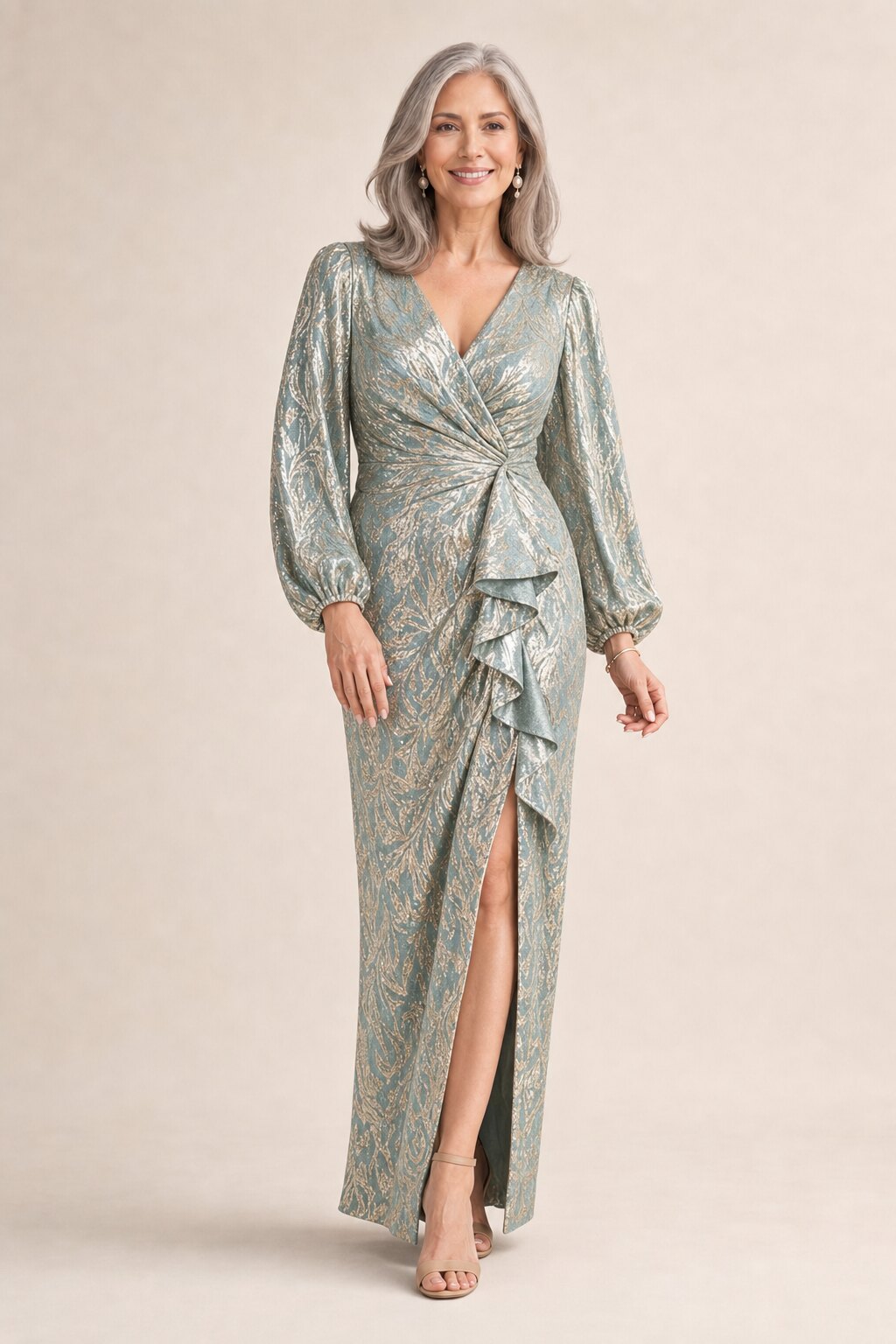 Long Sleeve Metallic Crinkle Drape Mint Gold Gown by Adrianna Papell