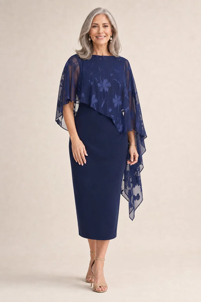 Lorelei Navy Midi Layered Texture with Metallic Detail by Trellis Lane mother of the bride dress on model